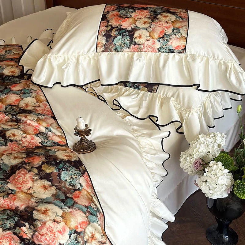 Rose Printed Egyptian Cotton Bedding Set with Ruffles - 1000TC