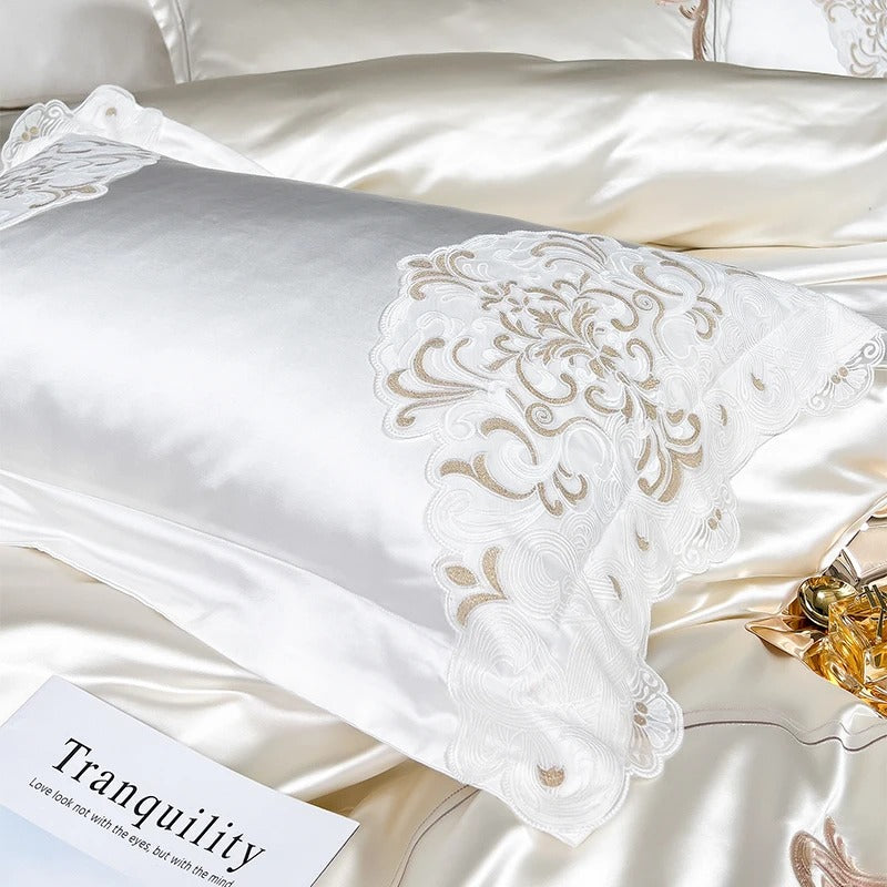 Luxurious Satin Bedding Set with Floral Embroidered Edge - 1500TC
