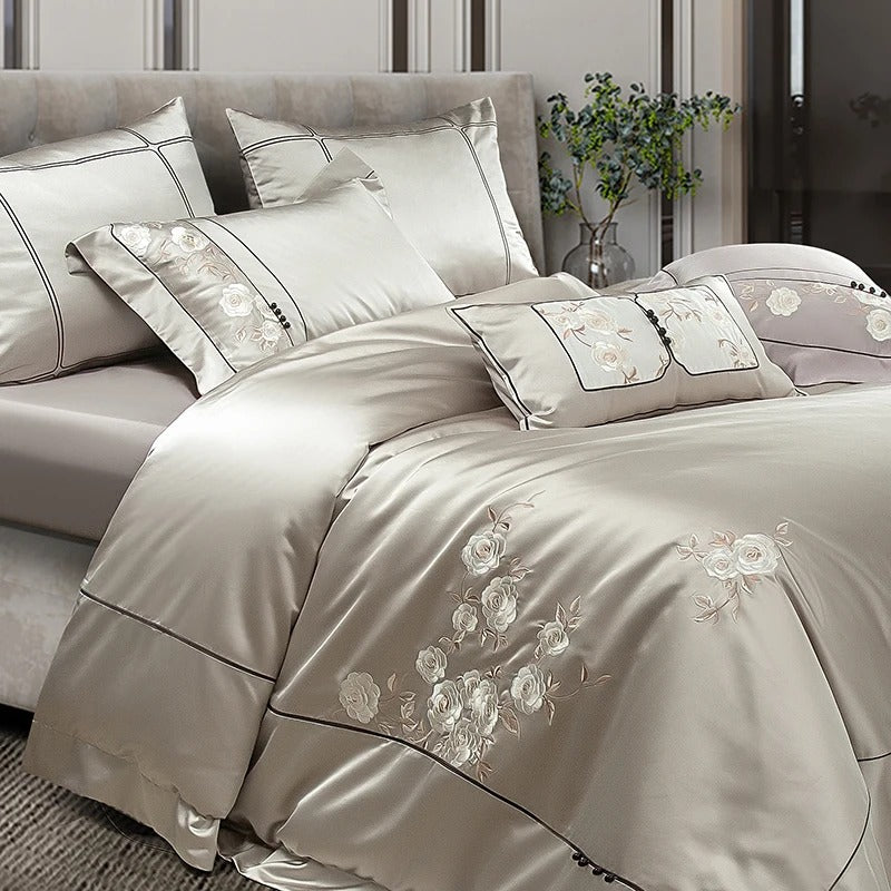 Luxury Flower Embroidery Egyptian Cotton Bedding Set - 1500TC