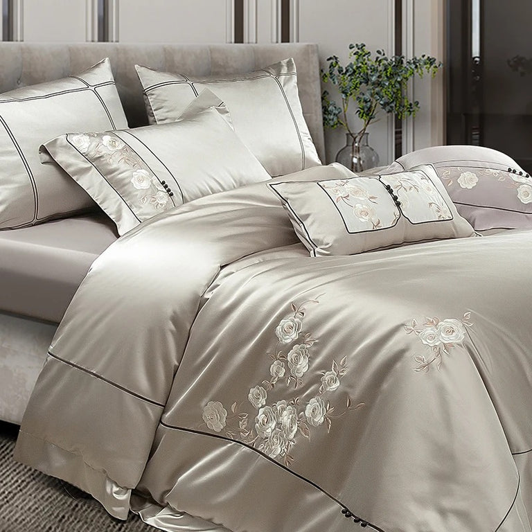 Luxury Flower Embroidery Egyptian Cotton Bedding Set - 1500TC