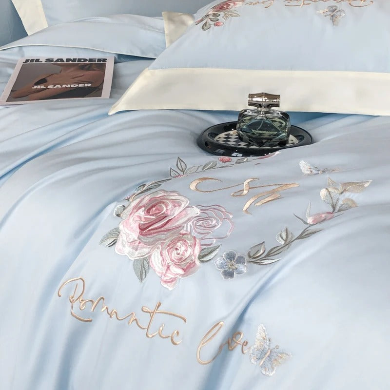 Pastel Blue Floral Embroidery Cotton Bedding Set with Duvet Cover - 900TC