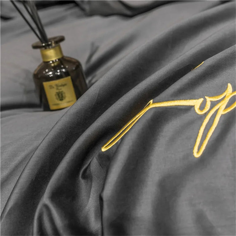 Black Bedding Set with Gold Piping & Signature Embroidery - 400TC