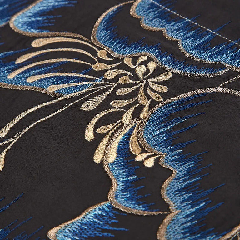 Luxury Bedding Set with Blue and Gold Floral Embroidery 