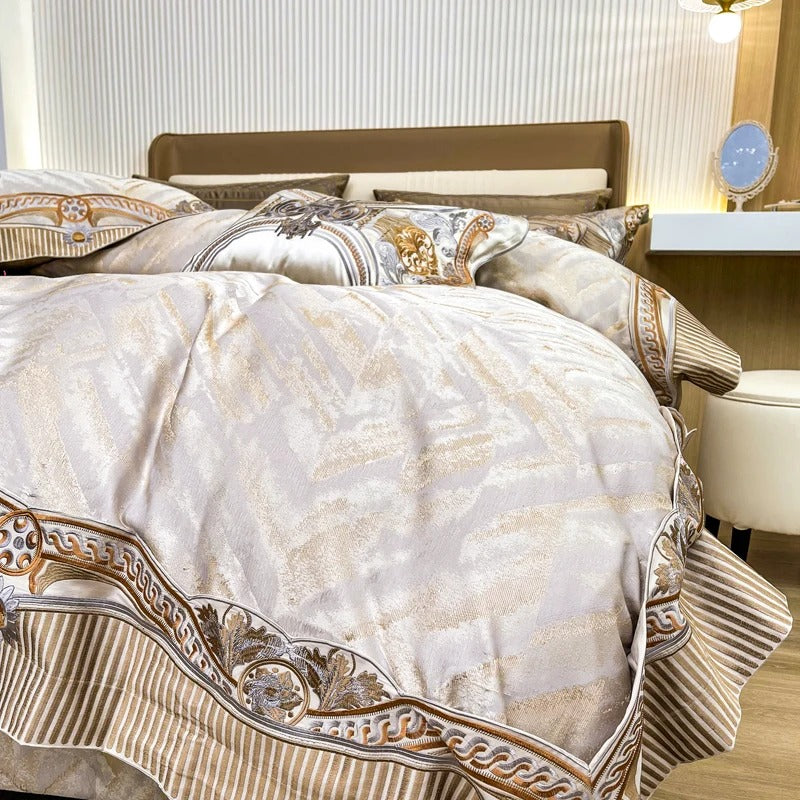 Cream and Gold Jacquard Bedding Set with an Embroidered Border - 1500TC