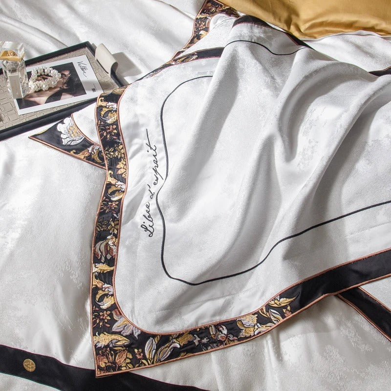 Royal White and Black Floral Embroidered Bedding Set – 1500TC