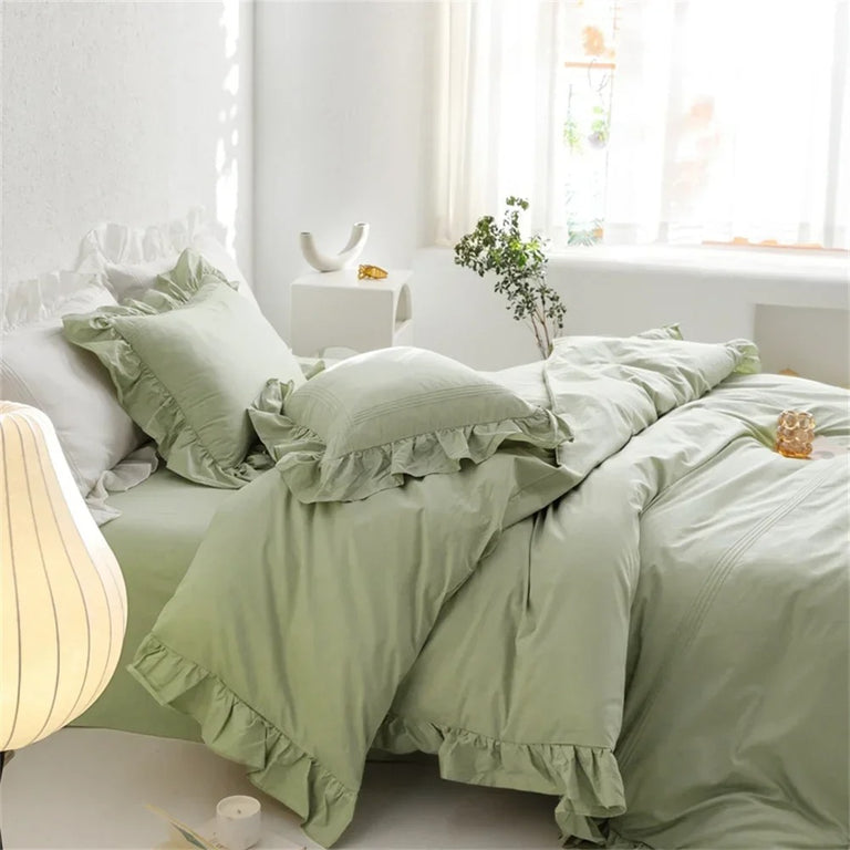 Sage Green Ruffled Edge Egyptian Cotton Bedding Set - 600TC