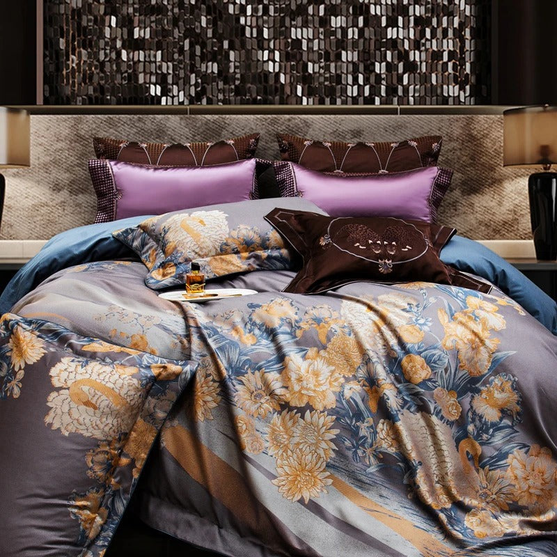 Cotton and Silk Jacquard Bedding Set with Floral Embroidery - 1500TC