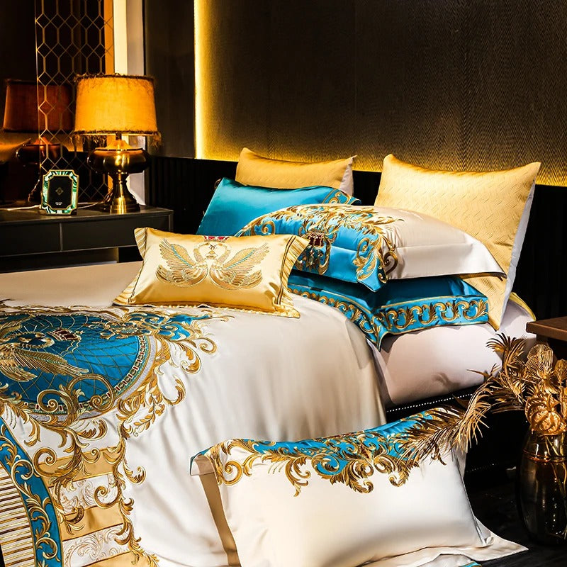 Royal Blue & Gold Bedding Set with Modern Embroidered - 1000TC