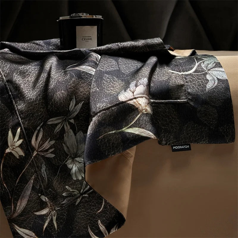 Luxurious Black Floral Satin Bedding Set with Duvet Cover - 1000TC