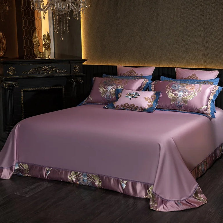Royal Pink Floral Embroidery Bedding Set with Duvet Cover - 1000TC