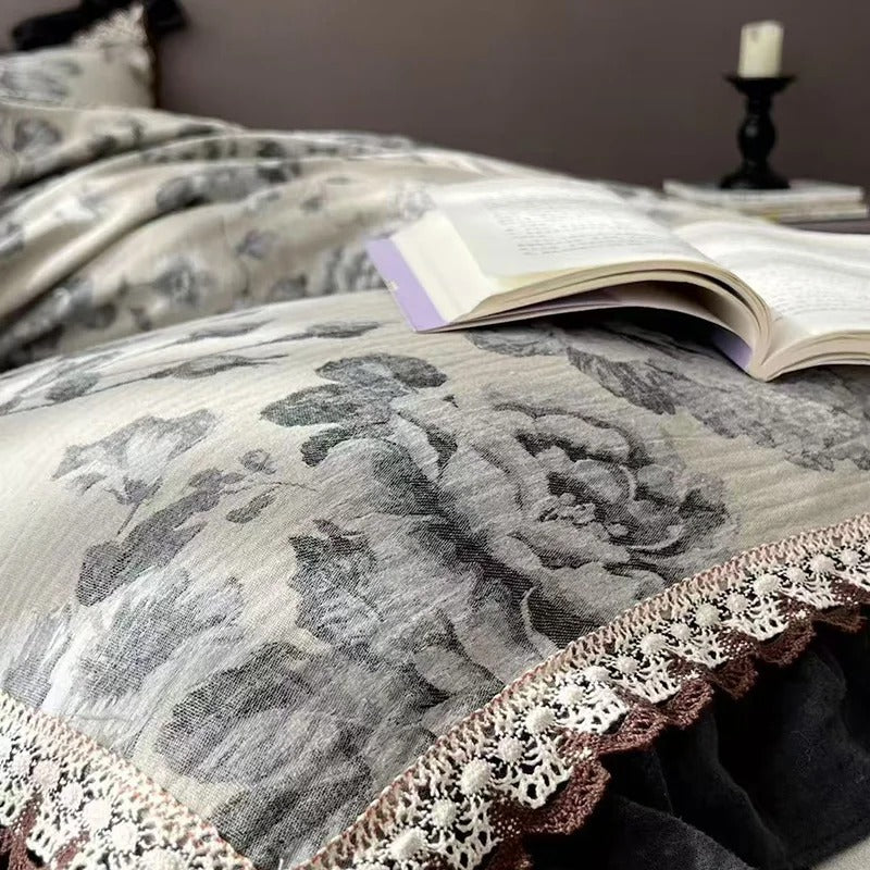 Gothic Floral Gauze Cotton Bedding Set with Duvet Cover - 1000TC
