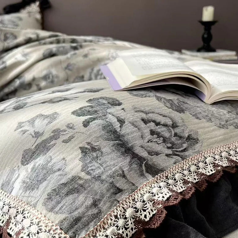 Gothic Floral Gauze Cotton Bedding Set with Duvet Cover - 1000TC