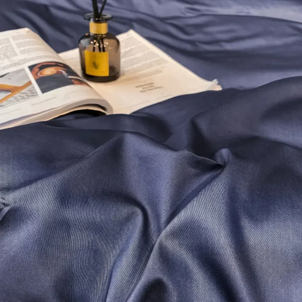 Navy Blue Silky Satin Bedding Set with Elegant Piping - 600TC