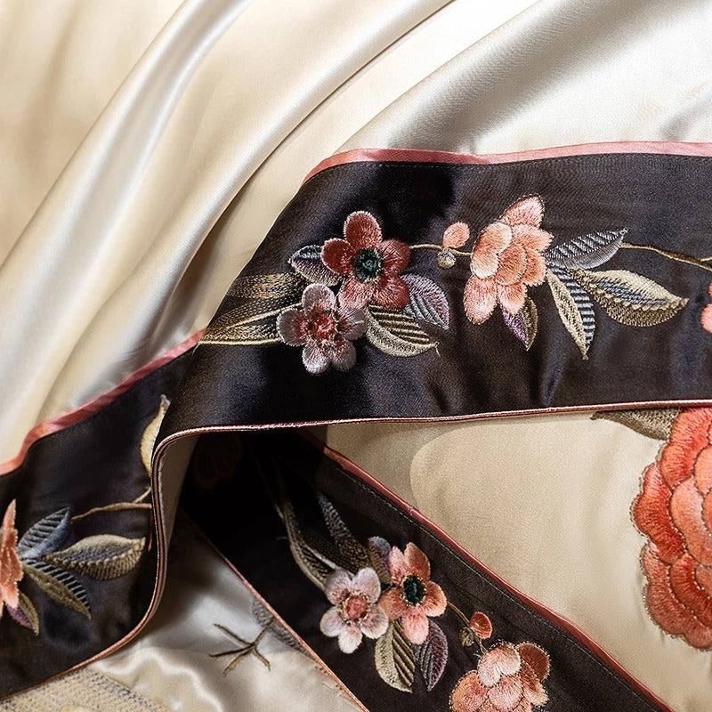 Premium Satin Flower & Bird Embroidered Bedding Set - 1000TC