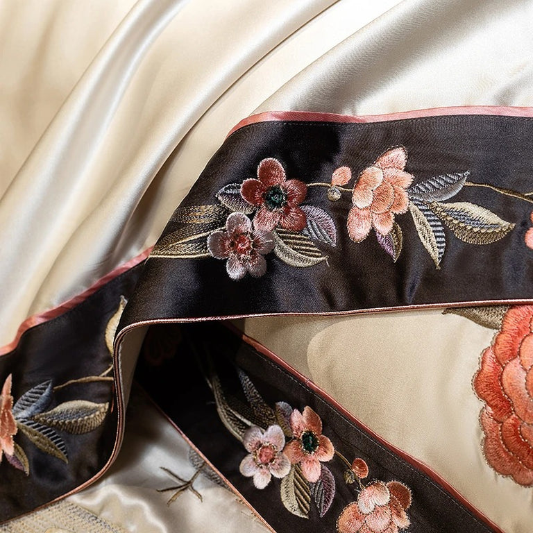 Premium Satin Flower & Bird Embroidered Bedding Set - 1000TC