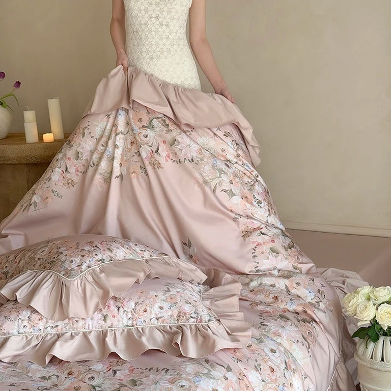 Egyptian Cotton Floral Satin Bed Sheet Set with Duvet Cover- 1000TC