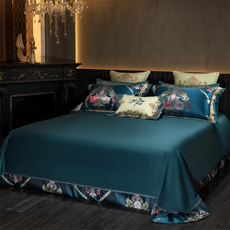 Teal Blue Barooq Floral Embroidered Bedding Set with Duvet Cover - 1000TC