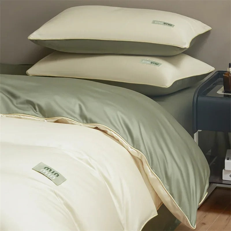 Beige and Green Satin Egyptian Cotton Bedding Set with Duvet Cover - 800TC