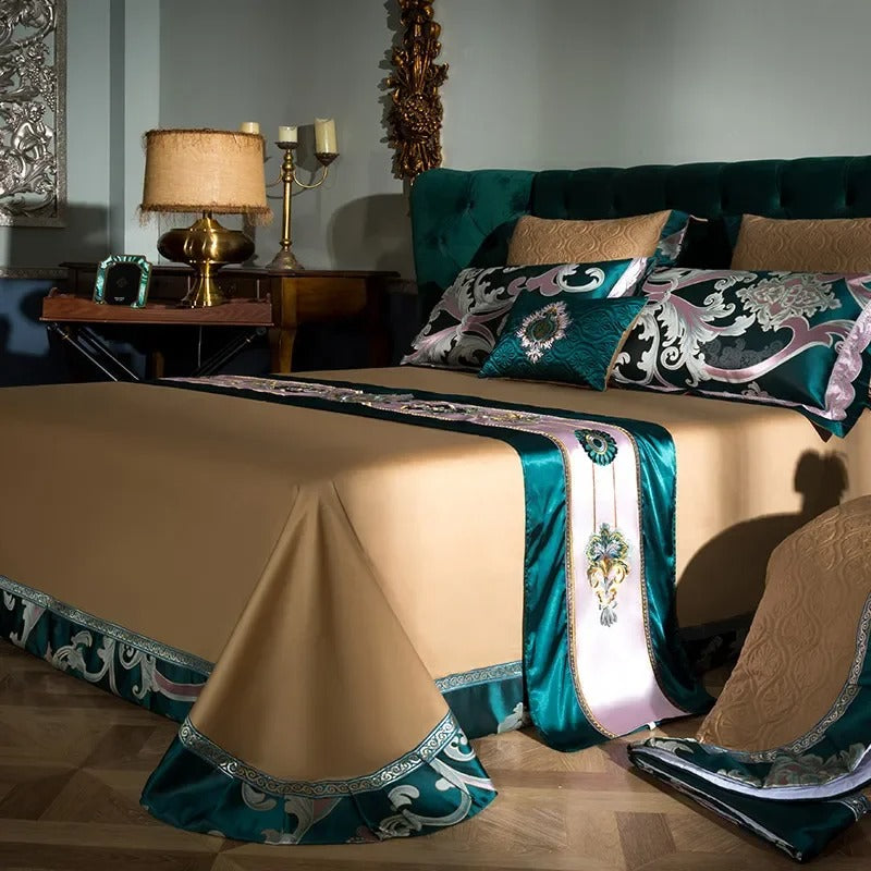 Teal Satin Bedding Set with Embroidered Pink Floral Motifs - 1200TC
