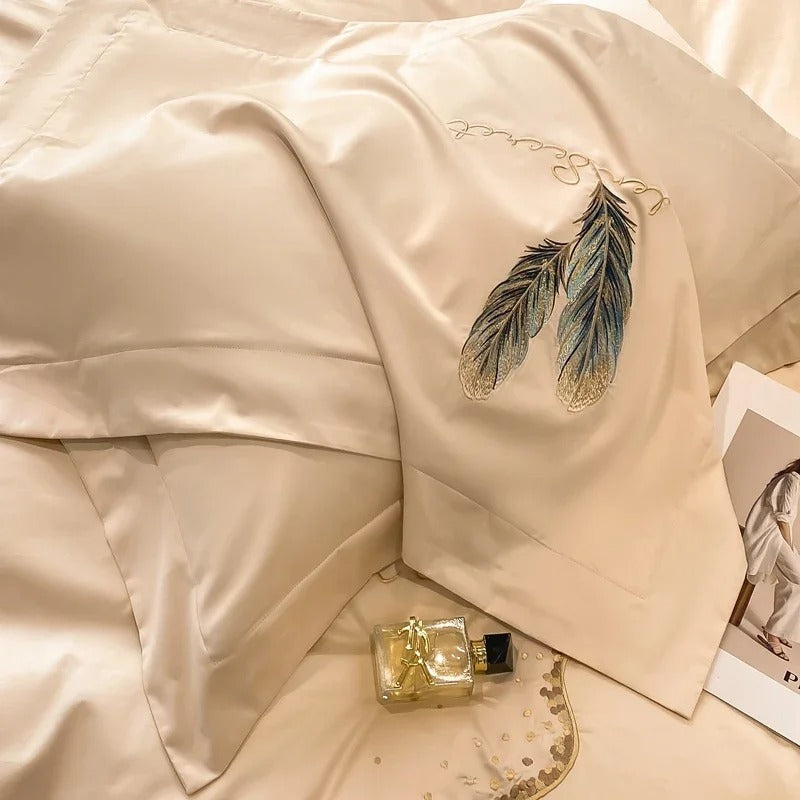 Feather-Embroidered Beige Satin Bedding Set with Duvet Cover - 600TC