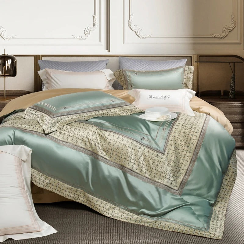 Romantic Mint Green Satin Egyptian Cotton Bedding with Duvet Cover - 1500TC