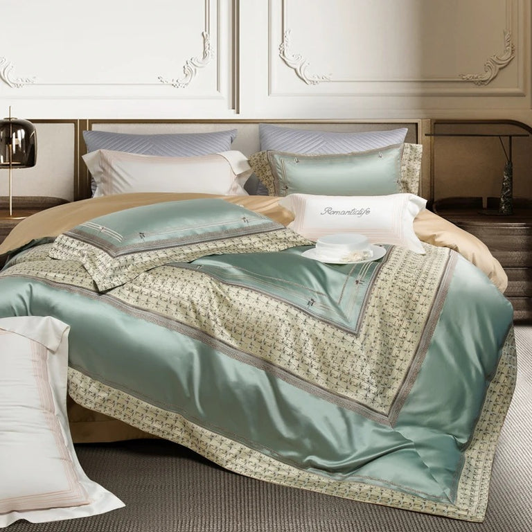Romantic Mint Green Satin Egyptian Cotton Bedding with Duvet Cover - 1500TC