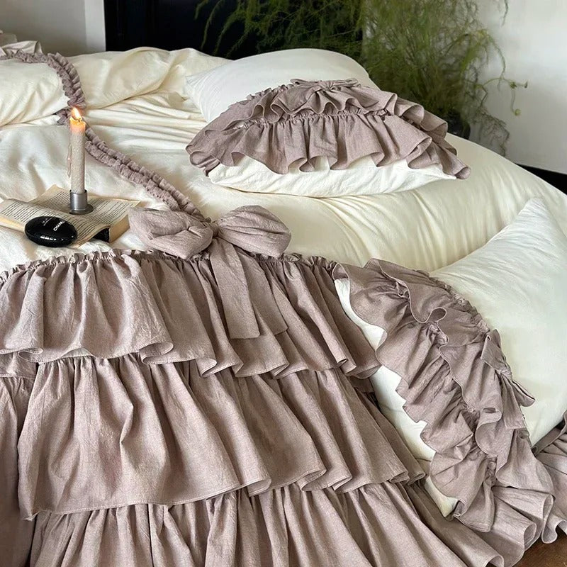 Elegant Ruffled Linen Bed Sheet Set with Duvet Cover - 600TC