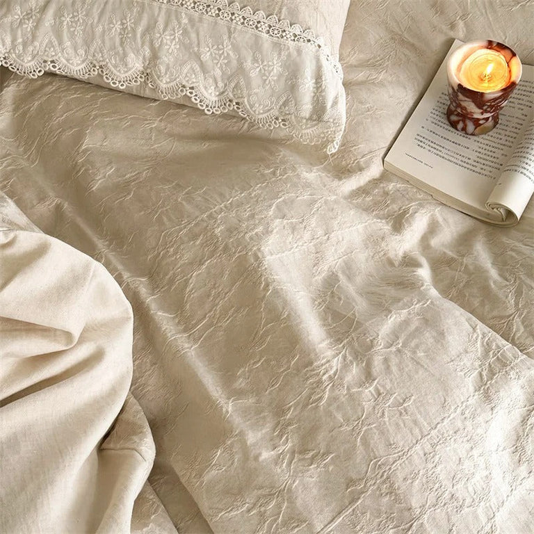 Classic Beige Satin Bedding Set with Beautiful Lace Trim - 600TC