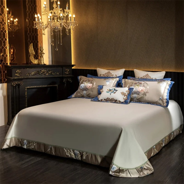 Royal Blue and Beige Floral Embroidered Bedding Set with Duvet Cover - 1000TC