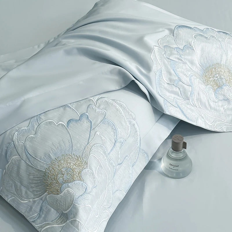 Embroidered Blue Satin Floral Bedding Set with Duvet Cover -  600TC