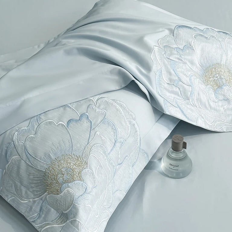 Embroidered Blue Satin Floral Bedding Set with Duvet Cover -  600TC