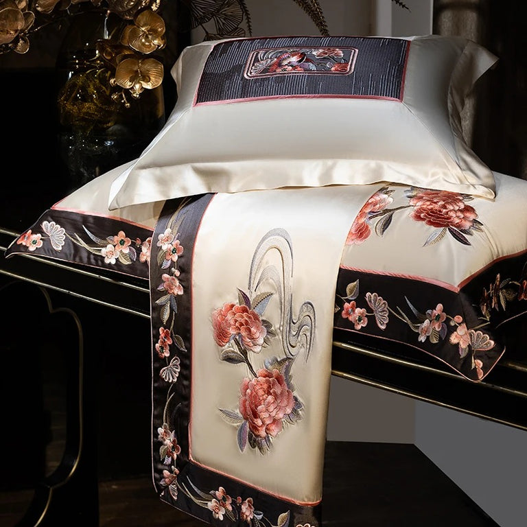 Premium Satin Flower & Bird Embroidered Bedding Set - 1000TC