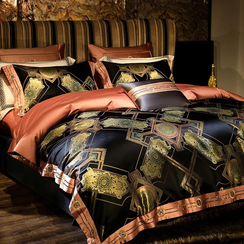 Rich Geometric Design Black and Gold Satin Bedding Set - 1000TC