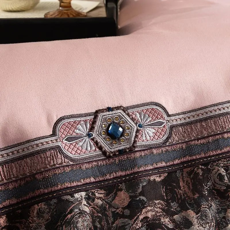 Royal Blush & Coffee Brown Jacquard Embroidered Bed Set – 1500TC