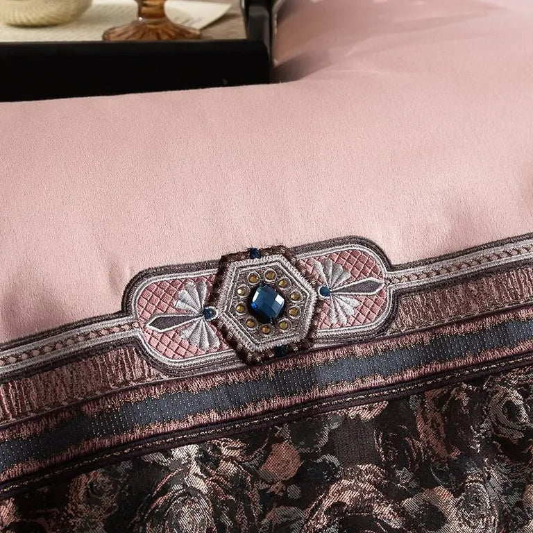 Royal Blush & Coffee Brown Jacquard Embroidered Bed Set – 1500TC