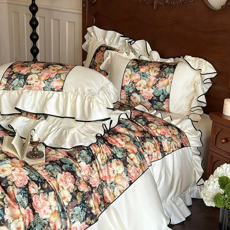 Rose Printed Egyptian Cotton Bedding Set with Ruffles - 1000TC