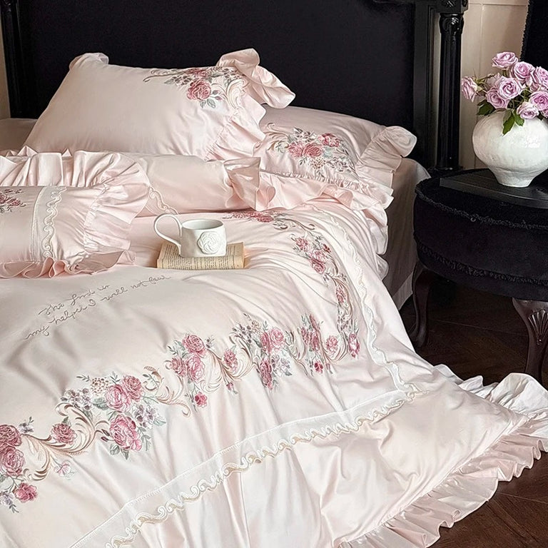 Rose Embroidery Lace Egyptian Cotton Bedding Set with Duvet Cover - 1000TC