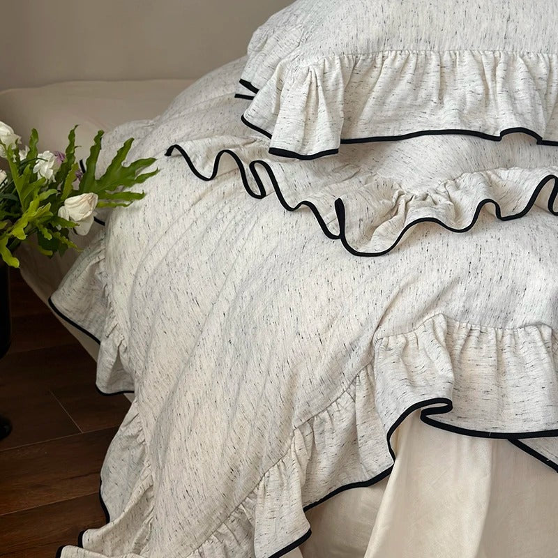 Off White Ruffled Bedding Set with Black Trim - 1000TC