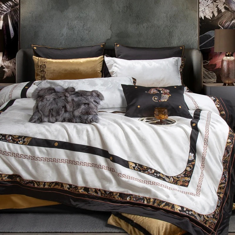 Royal White and Black Floral Embroidered Bedding Set – 1500TC