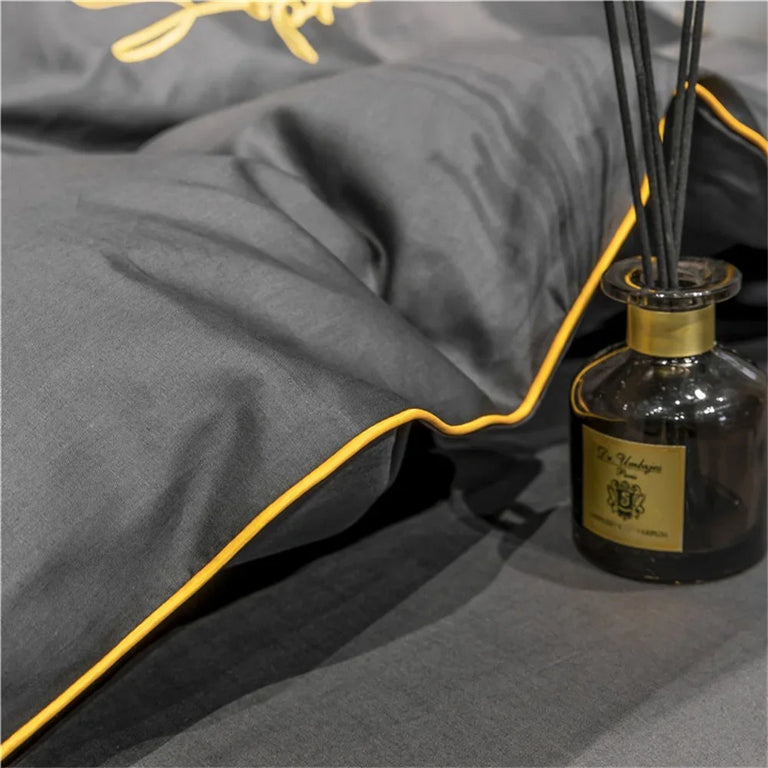 Black Bedding Set with Gold Piping & Signature Embroidery - 400TC
