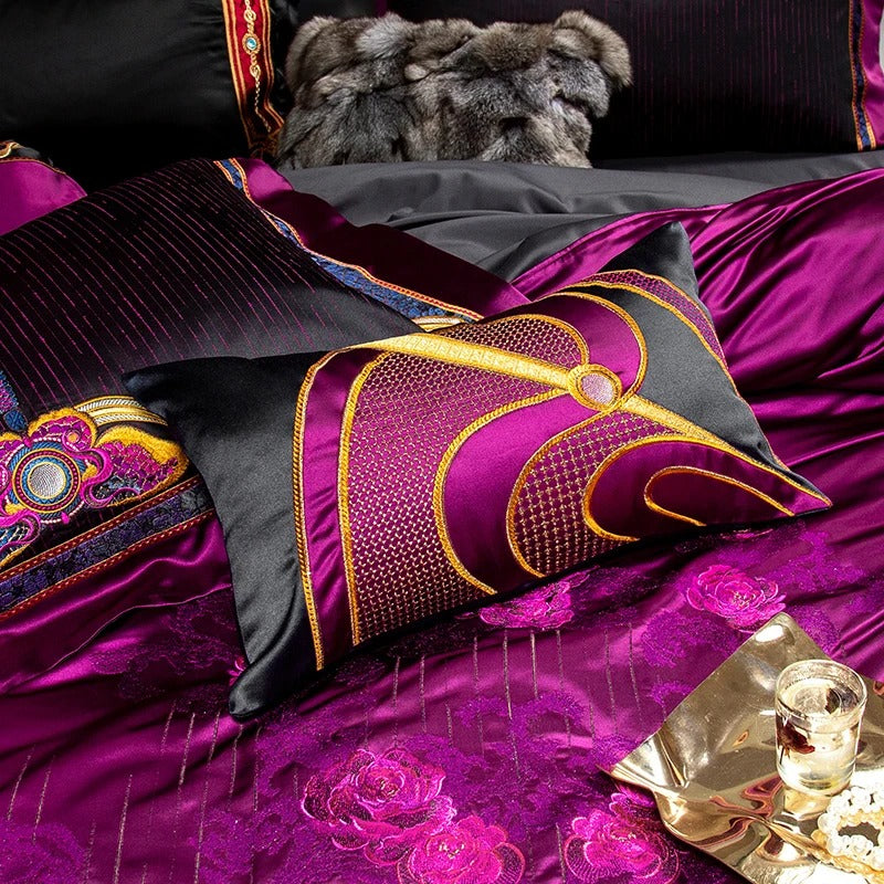 Jacquard Black and Purple Egyptian Cotton Bedding Set - 1500TC