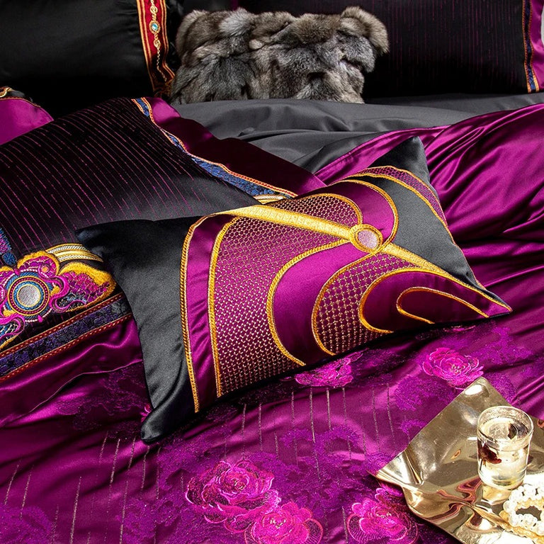 Jacquard Black and Purple Egyptian Cotton Bedding Set - 1500TC