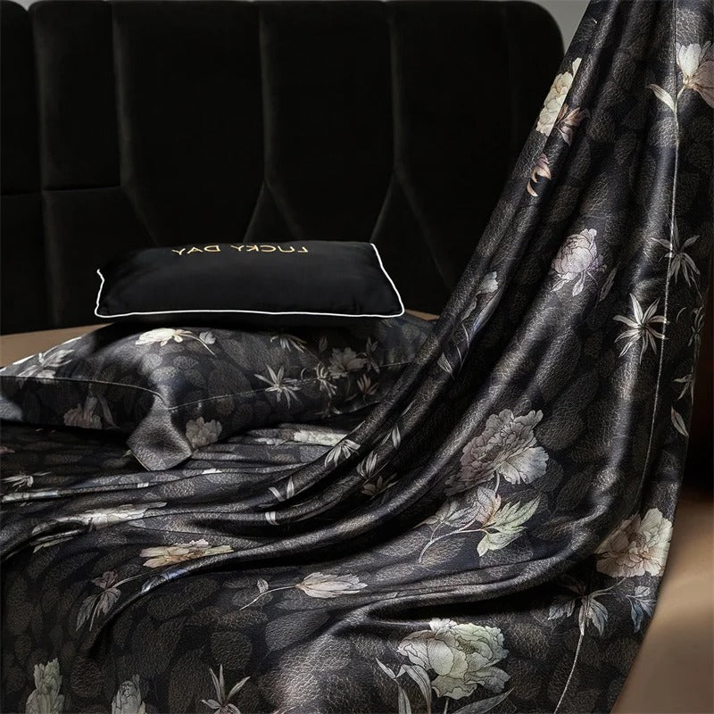 Luxurious Black Floral Satin Bedding Set with Duvet Cover - 1000TC