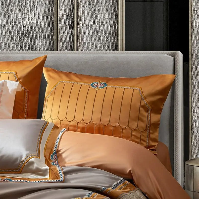 Rich Silver Satin Bedding Set with Unique Embroidered Border - 1500TC