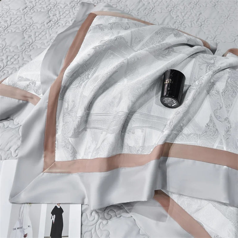 Light Gray Embroidery Tencel Cotton Bed Sheet Set with Duvet Cover - 1000TC