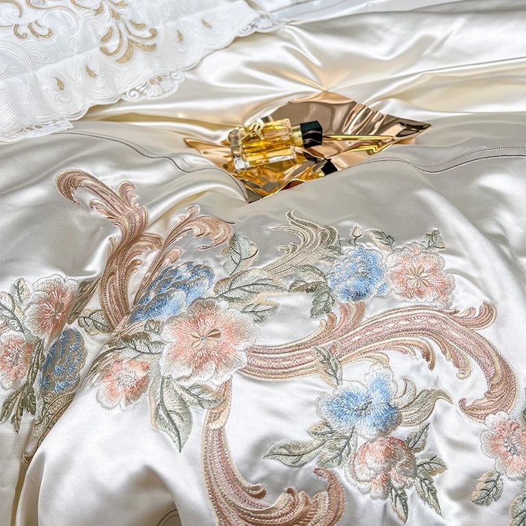 Luxurious Satin Bedding Set with Floral Embroidered Edge - 1500TC