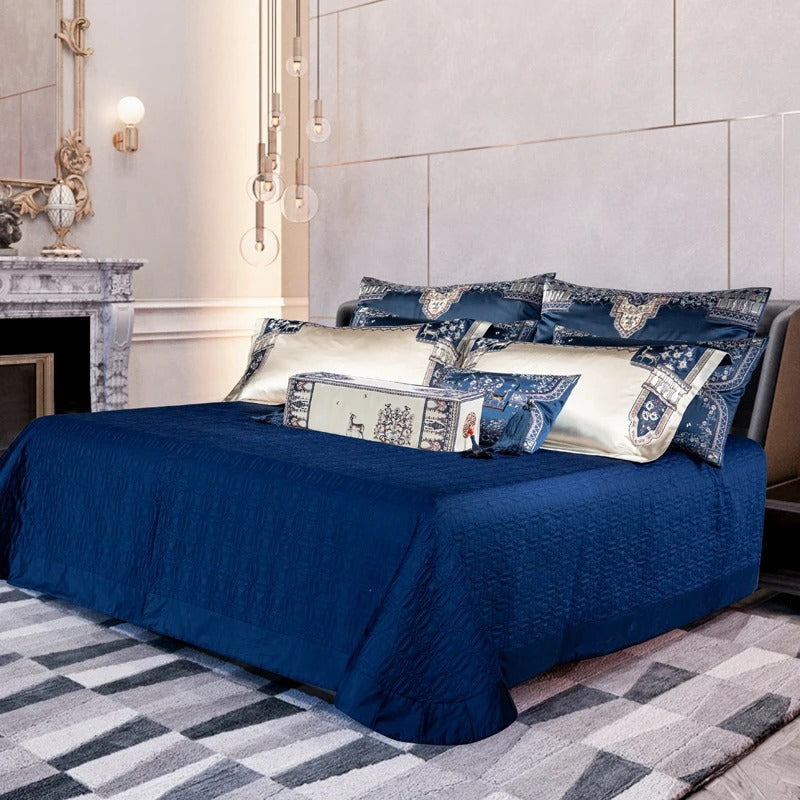 Luxurious Modern Embroidered Blue and Ivory Bedding Set - 1500TC