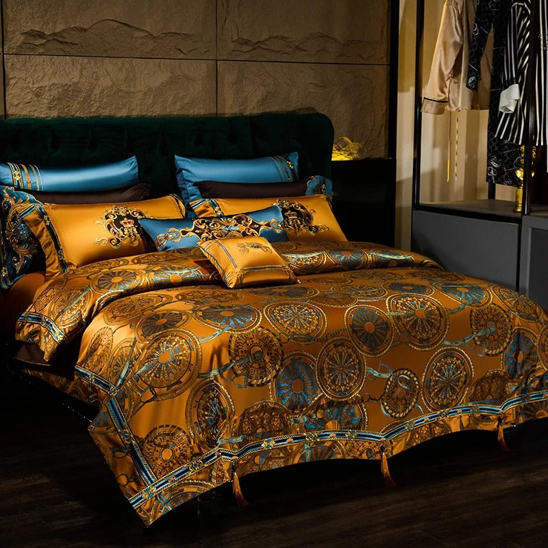 Golden and Blue Embroidery Bedding Set with Duvet Cover - 1000TC