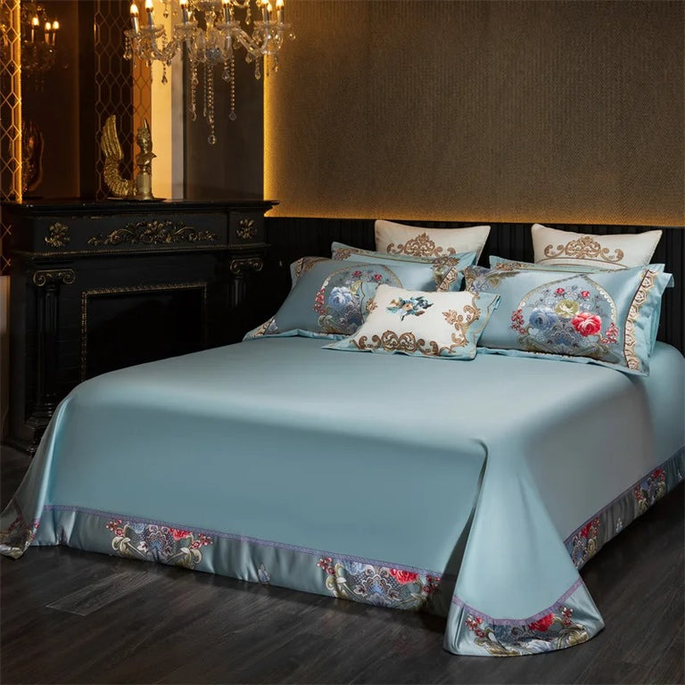Aqua Blue Baroque Floarl Medallion Embroidered Bedding Set with Duvet Cover - 1000TC