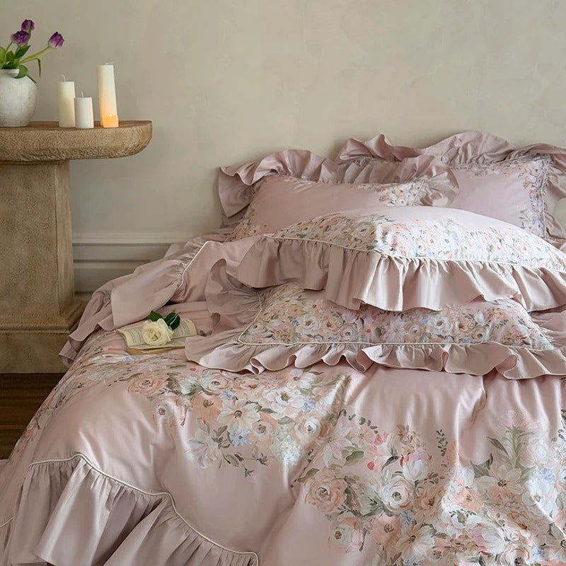 Egyptian Cotton Floral Satin Bed Sheet Set with Duvet Cover- 1000TC